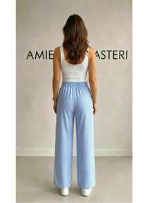 Wide Leg Striped Palazzo Pants With Pockets, NO Elastane (Size Chart Available) - Blue - View 2