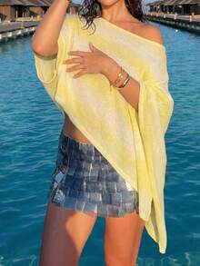 Summer Romantic Vacation Yellow Gradient Loose Knit Cover-Up Shawl Top - Yellow - View 5