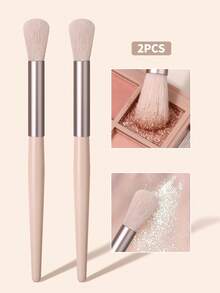 2PCS Highlight Brush Set,Cream Wooden Handle,Ultra Soft Fluffy Hair For Shimmer Highlight Application Glitter Pickup - Apricot - View 4