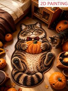 1 pieza Alfombra de piso con patrón de gato tigre calabaza, alfombra de sala de estar, alfombra, regalo de Halloween, alfombra de baño, lavable - Gato atigrado naranja - Ver 1