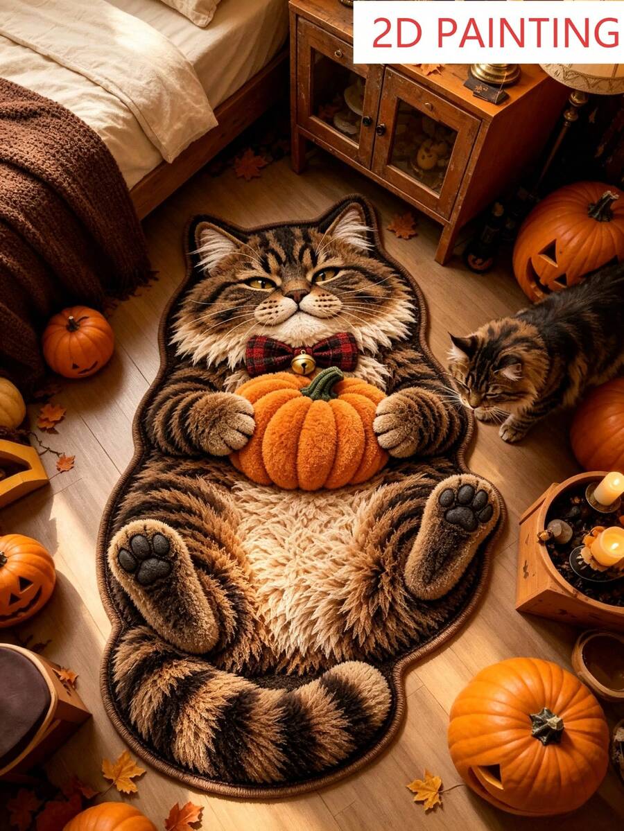 1 pieza Alfombra de piso con patrón de gato tigre calabaza, alfombra de sala de estar, alfombra, regalo de Halloween, alfombra de baño, lavable - Gato atigrado naranja - Ver 1