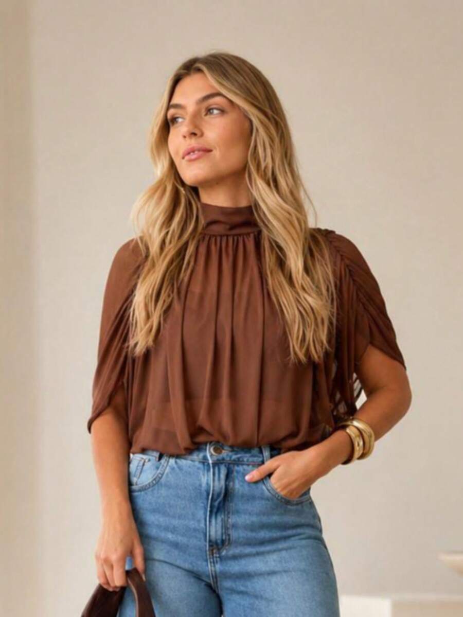 Basic Long Sleeve Tulle Bodysuit Fall Winter 2025 Fashion - Brown-draped - View 1
