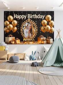 1件客製化生日快樂背景布，黑金主題印花海報，可客製照片與姓名，適合生日派對裝飾用品、生日禮物、藝廊裝飾與拍照亭道具，獨特個性化背景攝影與展示，完美派對裝飾 - 彩色 - 查看 5