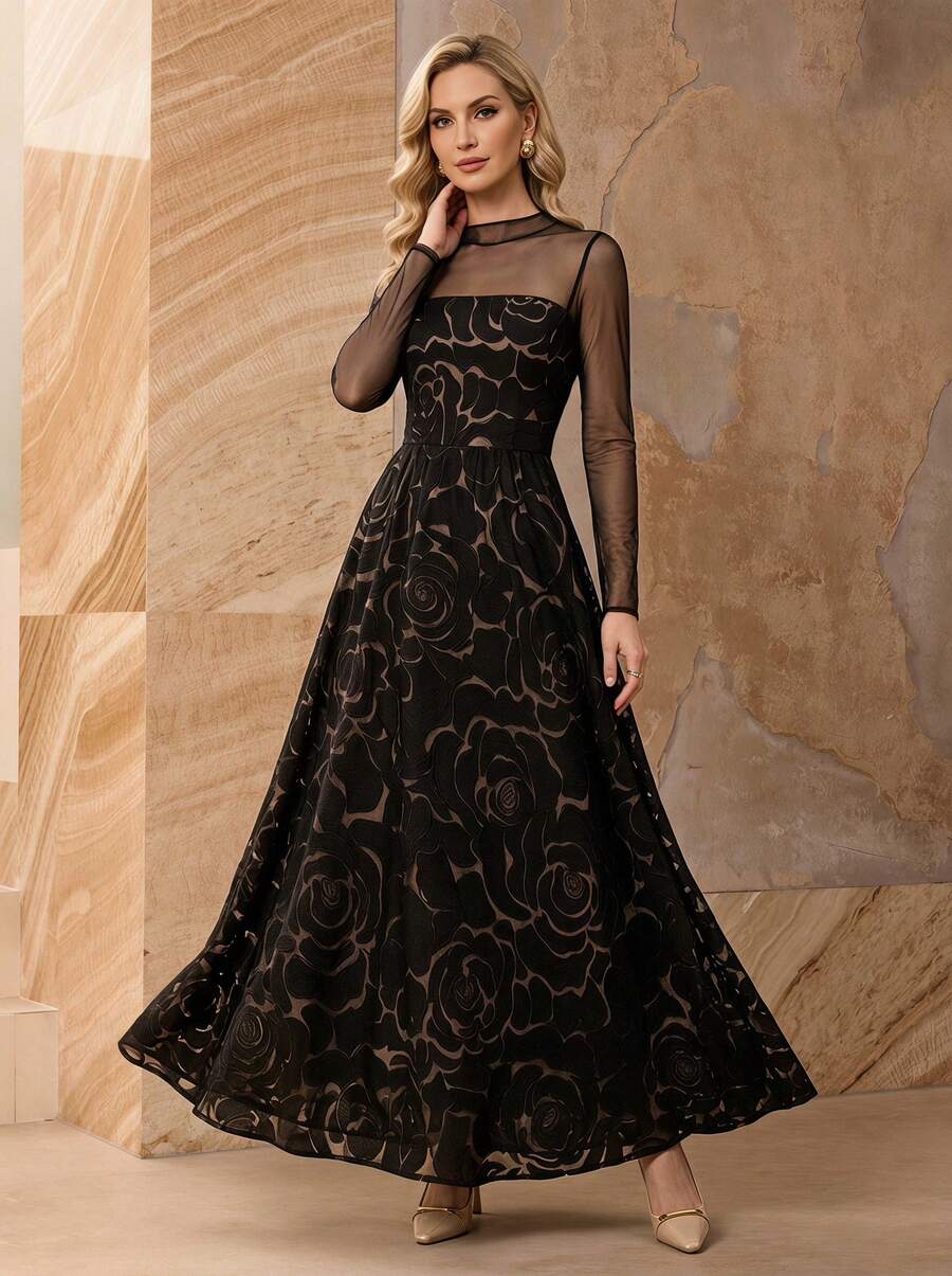 Glazenia Summer Elegant Jacquard Patchwork Tulle Long-Sleeve Dress, Retro Palace Style Long Gown For Weddings, Parties And Daily Wear Vacation Black - Black - View 1