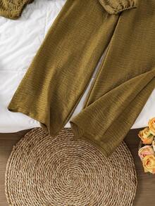 Left Mama Girls' Casual Minimalist Pleated Long Sleeve Top And Straight Leg Pants Set, Spring/Autumn - Olive Green - View 7