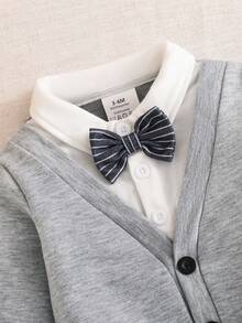2pcs Baby Boy Autumn College Style 2 In 1 Knit Contrast Color Turn Collar Long Sleeve Sweatshirt Set, Children Fashion Gentleman Style Basic Bow Ribbed Sleeve Top, Elastic Striped Sweatpants Long Pants, Spring Play And Vacation Outfit - Grey - View 3