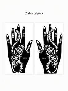 2 Sheets Reusable Self-Adhesive Henna Stencil Templates, Floral Designs Stencil Stickers For DIY Body Art, Perfect For Parties And Festival Events, Stencils For Crafts Reusable, Mehndi Designs - Black - View 7