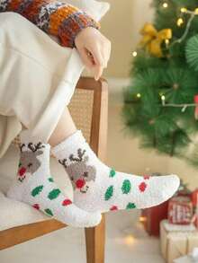 7/5/1 Pair Women's Christmas Coral Fleece Mid-Calf Socks, Super Soft Thickened Warm Plush Home Sleep Floor Socks, Santa Claus Reindeer Christmas Tree Gingerbread Man Print, Red Green Holiday Home Gift Socks For Girls Students - Multicolor - View 7