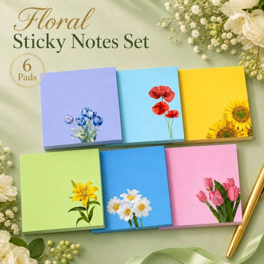 Cute Sticky Note Set, 3 Inch X 3 Inch (Approx. 7.6 Cm X 7.6 Cm) Floral Self-Adhesive Memo Pads, Fun Note Set, Floral Stationery, Kawaii Sticky Notes, Gift For Flower Lovers, Office Desk Decor Accessories, School Supplies - Floral Style - View 1