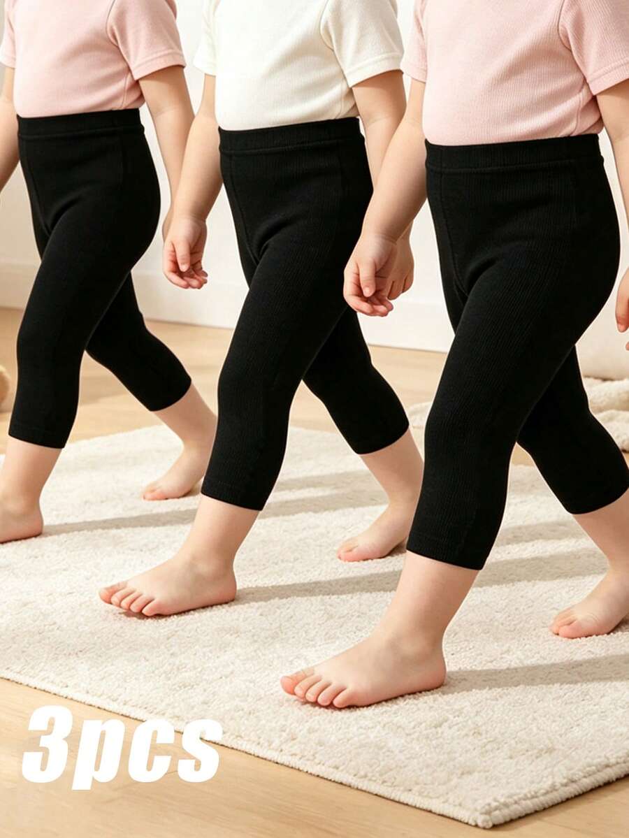 3雙純色極簡風四季通用女嬰短款緊身褲,適合日常穿著 - 黑色 - 查看 1