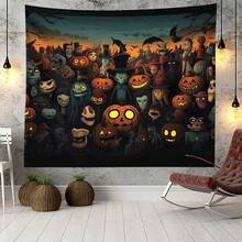 1 Pieza Tapiz Ilustrado con Tema de Halloween de "Huerto de Calabazas Peligroso", Adecuado para Decoraciones de Pared Interiores y Exteriores, Decoraciones Colgantes de Fondo, Telones de Fondo Festivos, Diseño Divertido, Fácil de Colgar y Decoración del Hogar. - Multicolor - Ver 4