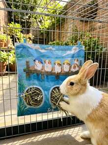 1pc Large 3-Hole Hanging Polyester Feeding Bag, Cute Blue Print Dual-Hole Rabbit Hay Bag, Washable, Cage-Specific, Space-Saving, Suitable For Rabbits, Guinea Pigs, And Other Small Animals, Hamster Supplies, Rabbit Pet Supplies - D - View 5