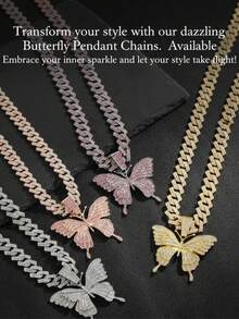Liontin Kupu-kupu Kristal Berkilau 4 Warna dengan Rantai Cuban Tebal, Aksesori Leher Pernyataan Gaya Hip Hop Jalanan Unisex untuk Pasangan - Berbagai kalung kupu-kupu warna-warni - View 7