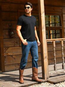 Mioeert Men's High Heel Tall Boots Classic Embroidered Vintage Square Toe Traditional Western Cowboy Boots - Brown - View 2