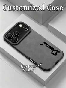 1pc DIY Vintage Vertical Name Customized Grey Suede Texture Phone Case Compatible With Apple Duo/18ProMax/17ProMax/16Pro/15/14Plus/13Pro/12ProMax/11/XsMax/7P/XS/XR And Phone Accessories, Men's Business Minimalist Full Coverage Anti-Drop Faux Leather Protective Cover - Black - View 1