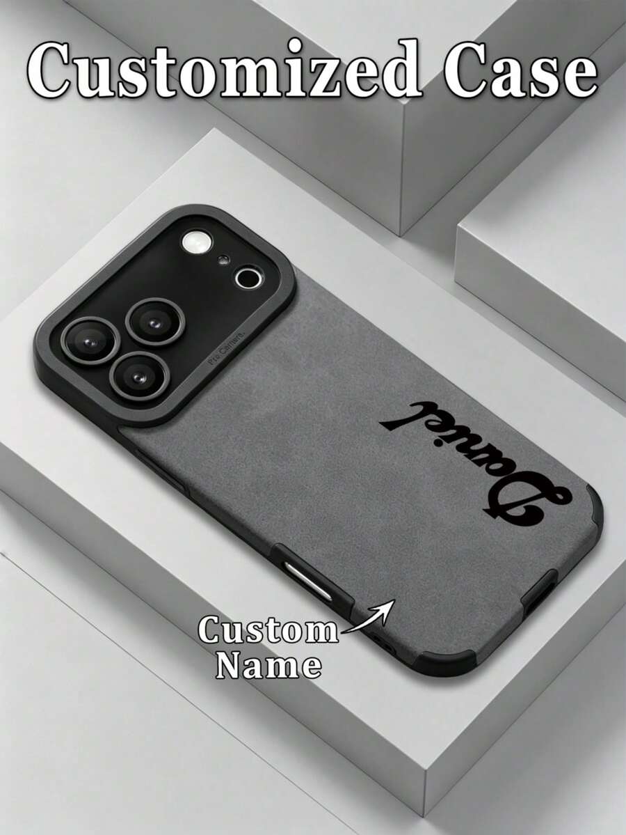 1pc DIY Vintage Vertical Name Customized Grey Suede Texture Phone Case Compatible With Apple Duo/18ProMax/17ProMax/16Pro/15/14Plus/13Pro/12ProMax/11/XsMax/7P/XS/XR And Phone Accessories, Men's Business Minimalist Full Coverage Anti-Drop Faux Leather Protective Cover - Black - View 1
