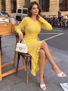 Soft Pale Yellow Skin-Friendly Knitted Long Sleeve Dress, Classic Round Neck Elastic Slim Fit Short Dress With Irregular Wavy Ruffle Hem Design, - Yellow - View 8