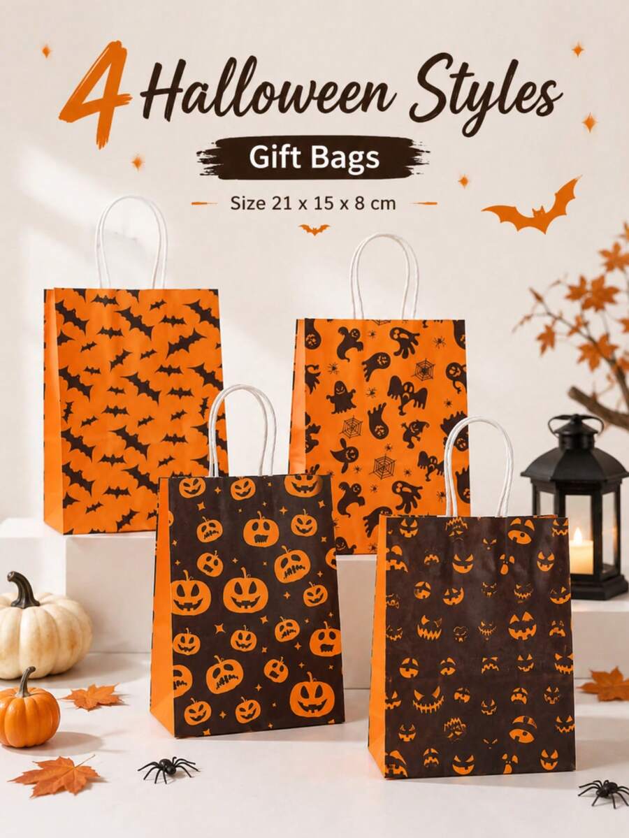 1pc/4pcs/6pcs/8pcs Halloween Paper Gift Bags, 4 Mixed Designs: Pumpkin Jack-O'-Lantern, Bat, Black Cat And Spider Web Print Candy Bags, With Handles, Horror Party Favor Bags, Suitable For Candy, Cookies, Small Gifts, Reusable - Halloween Tote Bag - View 1