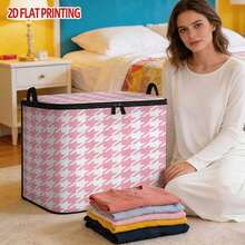 1PC Pink & White Houndstooth 2D Printed Non-Woven Fabric Storage Box With Lid, Soft Pink Houndstooth Pattern With Durable Print, Formaldehyde-Free Skin-Friendly Textile Fabric, Large Capacity Foldable Storage To Save Home Space, Zipper Closure To Block Dust And Stackable, Suitable For Wardrobe, Bed, Car Storage Of Bedding And Small Items, Ideal For Students, Renters And Daily Home Storage - View 2