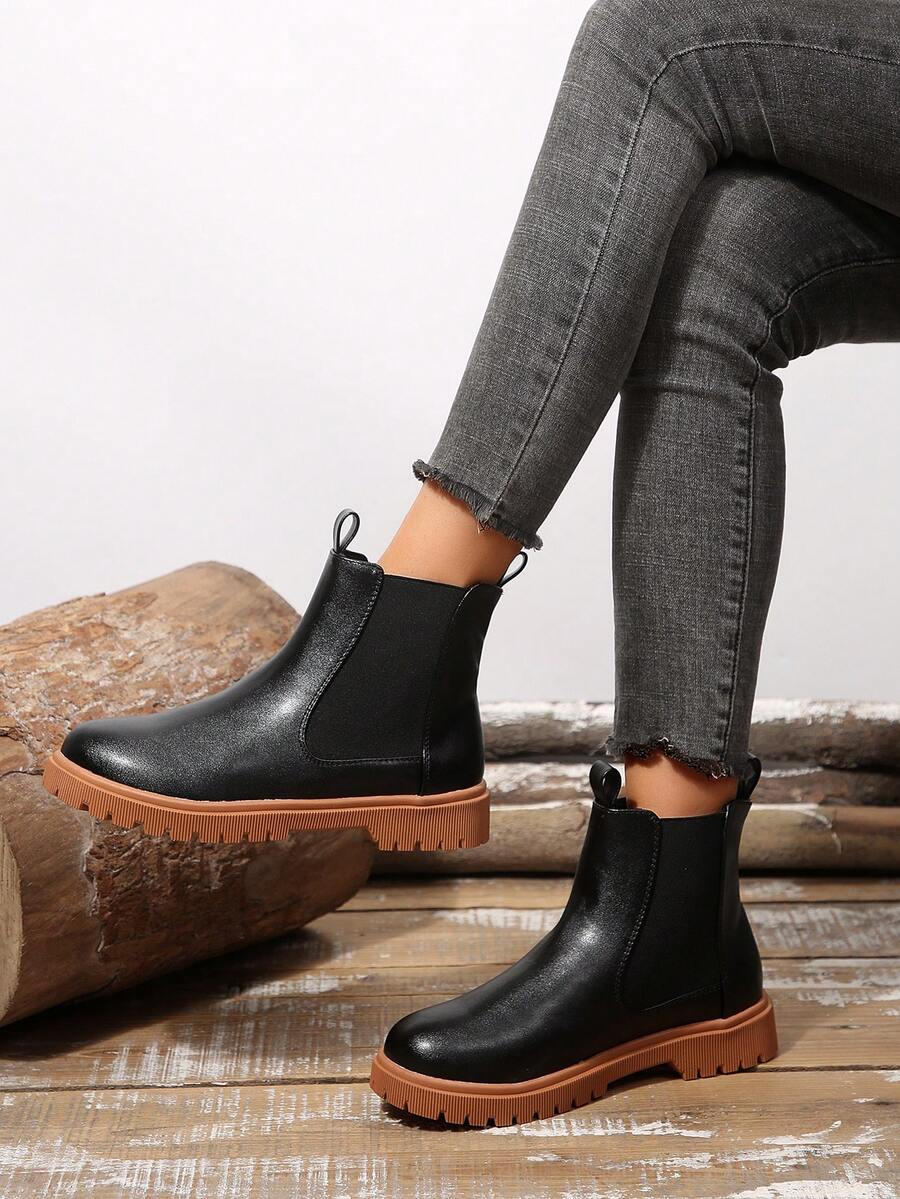 Women's Fashion Versatile Cylinder Boots, Slip-On Elastic Chelsea Ankle Boots, Lightweight Flat Ankle Boots - Black - View 1