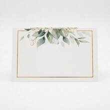 50入 DIY 婚禮座位卡－可客製化摺疊名卡，金色邊框搭配綠植設計，適用於婚禮餐桌、宴會、週年紀念與活動，高級紙質 - A - 查看 9