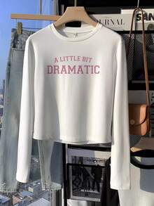Pink Letter Print Long Sleeve Base Layer Top, Simple Round Neck Cropped Slimming Sweet Girl Innerwear Casual White - White - View 3
