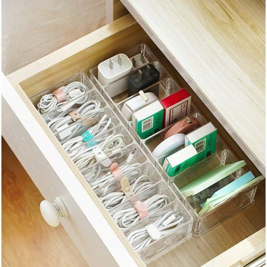 1 buah Kotak Penyimpanan Kabel Meja 8 Sekat Pengatur Kabel Pengisi Daya Penggulung Kawat untuk Kabel Pengisi Daya Ponsel, Kabel Listrik, Kantor, Kamar Tidur, Asrama, Tempat Penyortir Elektronik Multifungsi, Hadiah Ulang Tahun dan Liburan Praktis untuk Pelajar dan Pekerja Kantor - Putih - View 1