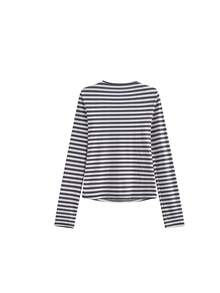 Women's Digital Color Block Striped Long Sleeve T-Shirt, Slim Fit Waist-Cinching Inner Layer Base Top, Autumn Black - Black - View 4