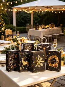 6pcs/1pc Black And Gold Christmas Gift Bags, Printed With "Merry Christmas", Snowflake, Reindeer And Christmas Tree Patterns, Suitable For Party Favors, Winter Theme Event Prizes, Christmas Dinner And Birthday Party - One Size Fits All - View 7