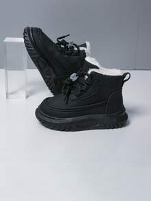 兒童秋冬加厚保暖時尚舒適魔鬼氈便利休閒雪地靴，男孩女孩通用 - 黑色 - 查看 3