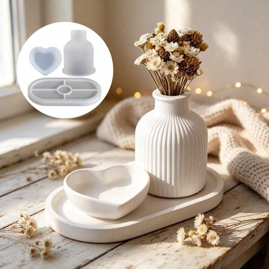 SILIKE LUFEI 3pcs Striped Vase & Heart Plate & Tray Set Mold Suitable For Making Resin, Plaster, Candle, Aromatherapy Products Home Decor Wedding Display Silicone Mold - Silicone Mold Kit - View 1