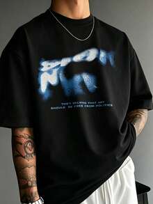 Men's Black Spray Paint Graffiti Letter & Text Slogan Loose Fit T-Shirt, Soft Breathable Avant-Garde Urban Style Summer Casual Top - Black - View 2