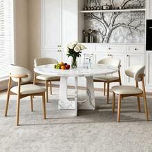 Modular Round Dining Table Set Consisting Of 1 Dining Table And 2 Dining Chairs, MDF Table With White Marble Effect, Dining Chairs With Oak Legs For Dining Room And Living Area - 白色1 - 查看 3