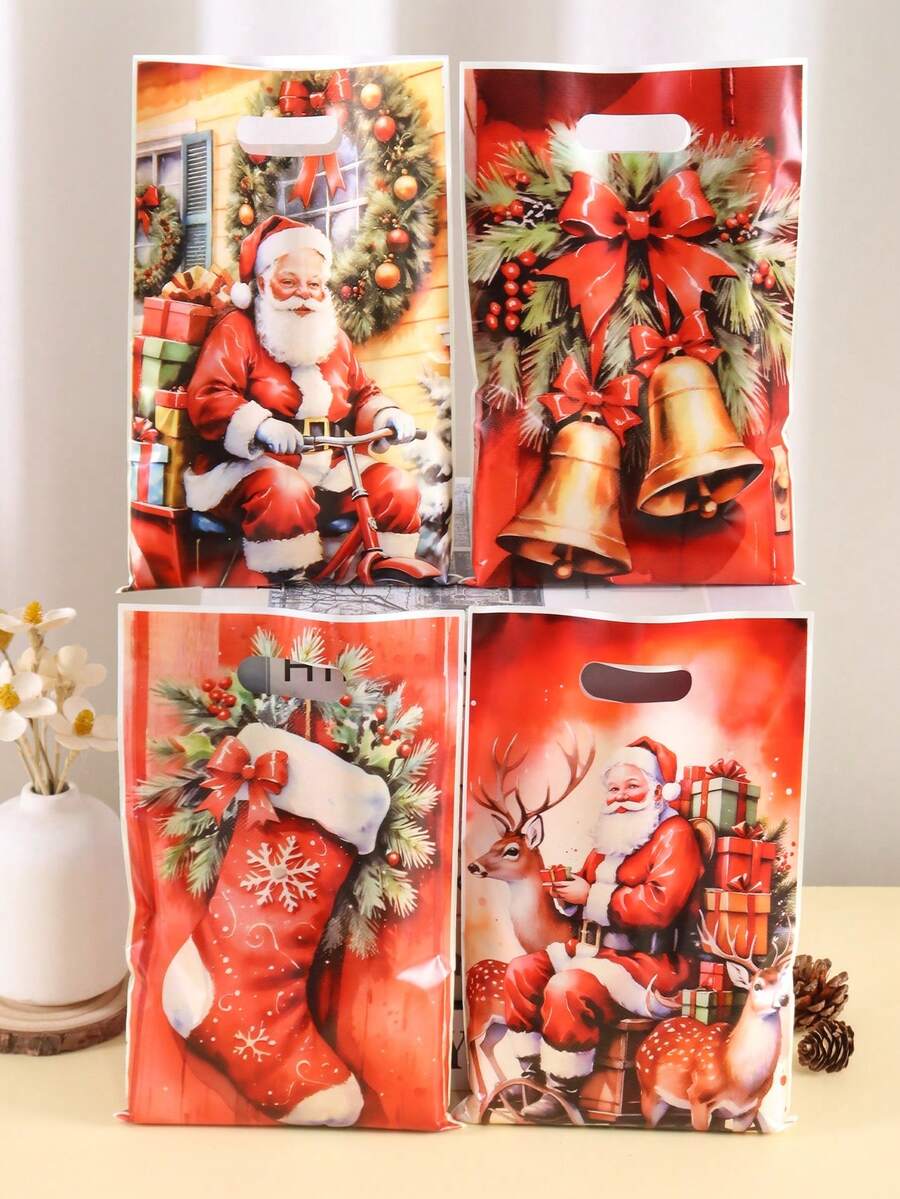 10/20/50pcs Christmas Gift Bags, Classic Santa Claus Riding Bicycle Print Snack Bags, Winter Holiday Gift Packaging Bags, Christmas Eve Party Supplies