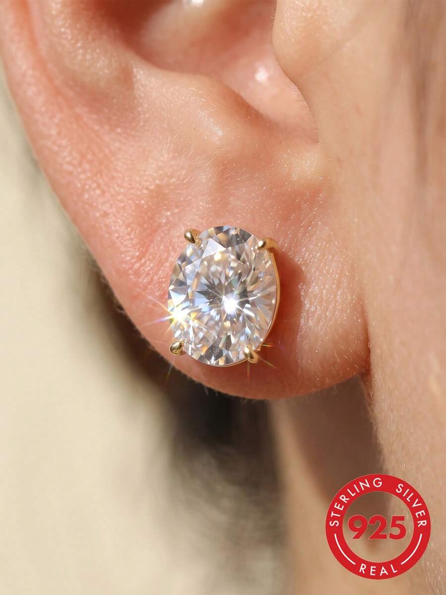 1 Pair 100% 925 Sterling Silver 14K Gold Plated 1CT/2CT Oval Cut Sparkling Cubic Zirconia Stud Earrings, Luxury Jewelry, Suitable For Women, Men, Banquet, Party, Wedding Gift