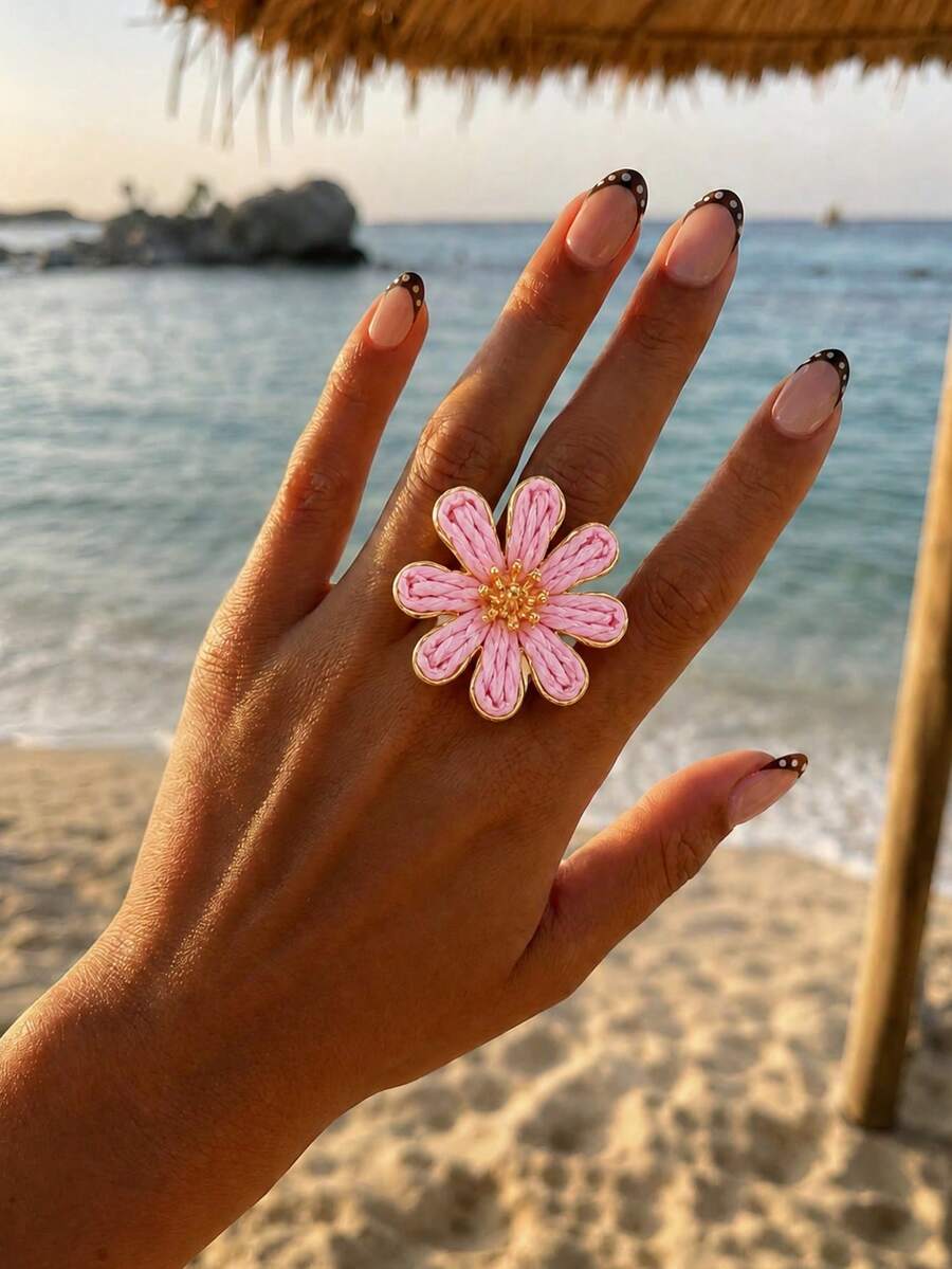 1件波希米亞度假風拉菲亞粉色花朵戒指,適合女性海灘出遊、日常穿搭,百搭飾品 - 粉色 - 查看 1