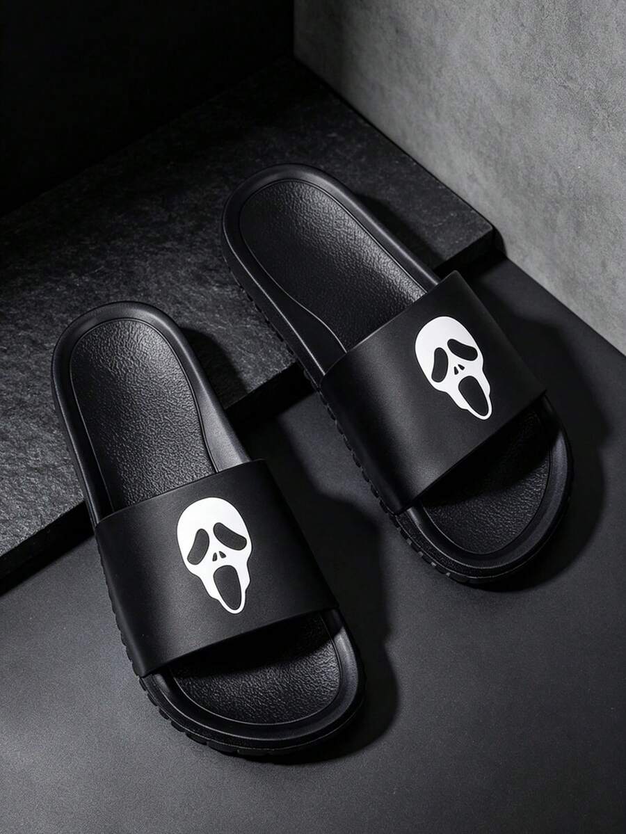 Men's Casual Slides, Summer Comfortable Lightweight Slip-On Slippers, Black Printed Round Toe, Fashion Outdoor Beach Vacation Pool SPA Leisure Area Sandals - Black - View 1