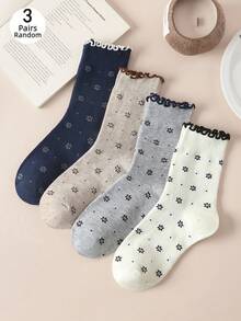 3 Pairs Multi-Size Women's Mid-Calf Socks, All-Season Vintage Ins Style, Full Body Floral Polka Dot Ruffle Lace Trim, Sweet Girl Luxury Style Women's Socks, Vintage Slouch Socks, Random Color - Multicolor - View 7