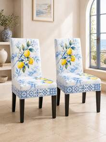 Porcelain Blue Tile Lemon Chair Cover, European Coastal Polyester Dining Chair Slipcover With Yellow Citrus Fruit, White Flower Print, Soft Fitted Backrest Seat Cover For Dining Room Chair Decor, Kitchen Chair Protector, Kitchen . - Multicolor - View 9