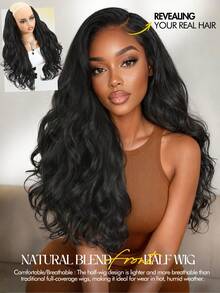 21 Inch Yaki Curly Wave Half Wig, Synthetic Hair Free Parting 1/2 Wig, Big Curly Body, Natural Blending Front Half Wig, Quick Wear Protective Hairstyle, Lightweight And Soft, Clip-In Half Wig, Wavy Synthetic Hair Wig, Black With Brown Highlights, Halloween - Multicolor - View 7