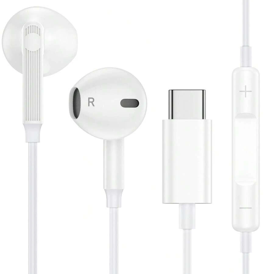 FCV 1pc USB C Wired In-Ear Earphones With Microphone, Type C Earphones Compatible With IPhone 17/16/15 Plus Pro Max/Galaxy Bud Ultra, C-Port Wired In-Ear Earphones, Length Approx. 120cm - View 1