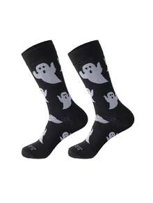 1/2 Pairs Halloween Cute Cartoon Black & White Ghost Pattern Mid-Calf Socks, Creative Couple Black & White Versatile Mid-Calf Socks - Multicolor - View 8