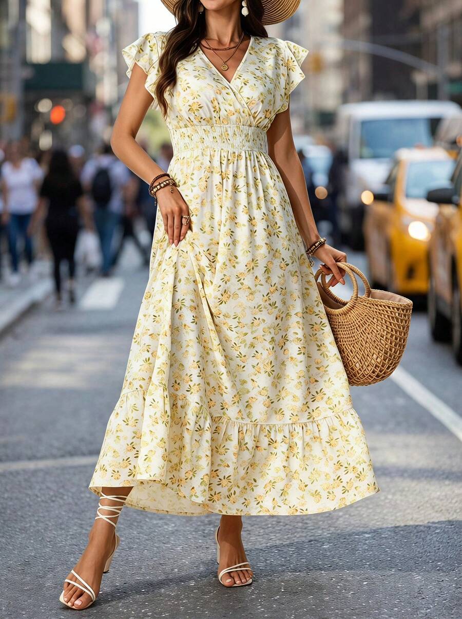 Elegaris Women's Elegant Floral V-Neck Cinched Waist A-Line Dress Summer - Pale Yellow - View 1