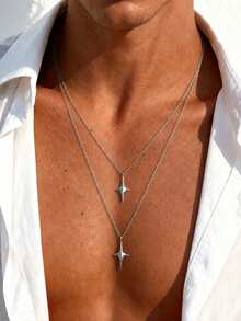 2pcs/Set Luxury Gold Double Layer Four-Pointed Star Layered Necklace, Minimalist Thin Chain Cross Star Pendant, Men's Commuter High-End Collarbone Chain - Cross Star Necklace - View 11
