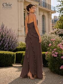 Brown:Brown Cross Halter Textured Ruffle Formal Maxi Dress - Brown - View 3