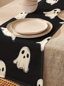 1pc Dark Style Halloween Ghost Pattern Printed Linen Table Runner, Placemat, Suitable For Holiday, Party, Birthday, Dinner, Kitchen, Dining Room Table Decoration, Shoe Cabinet Storage Cabinet Cover, All Season Room Decor, Home Textile Decoration Table Runner, Placemat - Multicolor - View 1