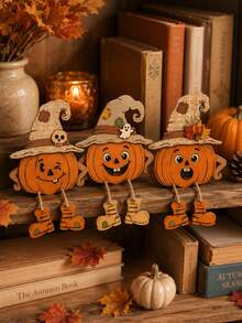 3pcs/1pc-Halloween Thanksgiving Wooden Pumpkin Ornament Plaques,Thanksgiving Decorations,Halloween Party Supplies,Room Decor,Thanksgiving Home Decor,Table Centerpiece,Harvest Festival Decor,Desk Decorations, Window Decorations,Fall Mantel Decor - Multicolor - View 8