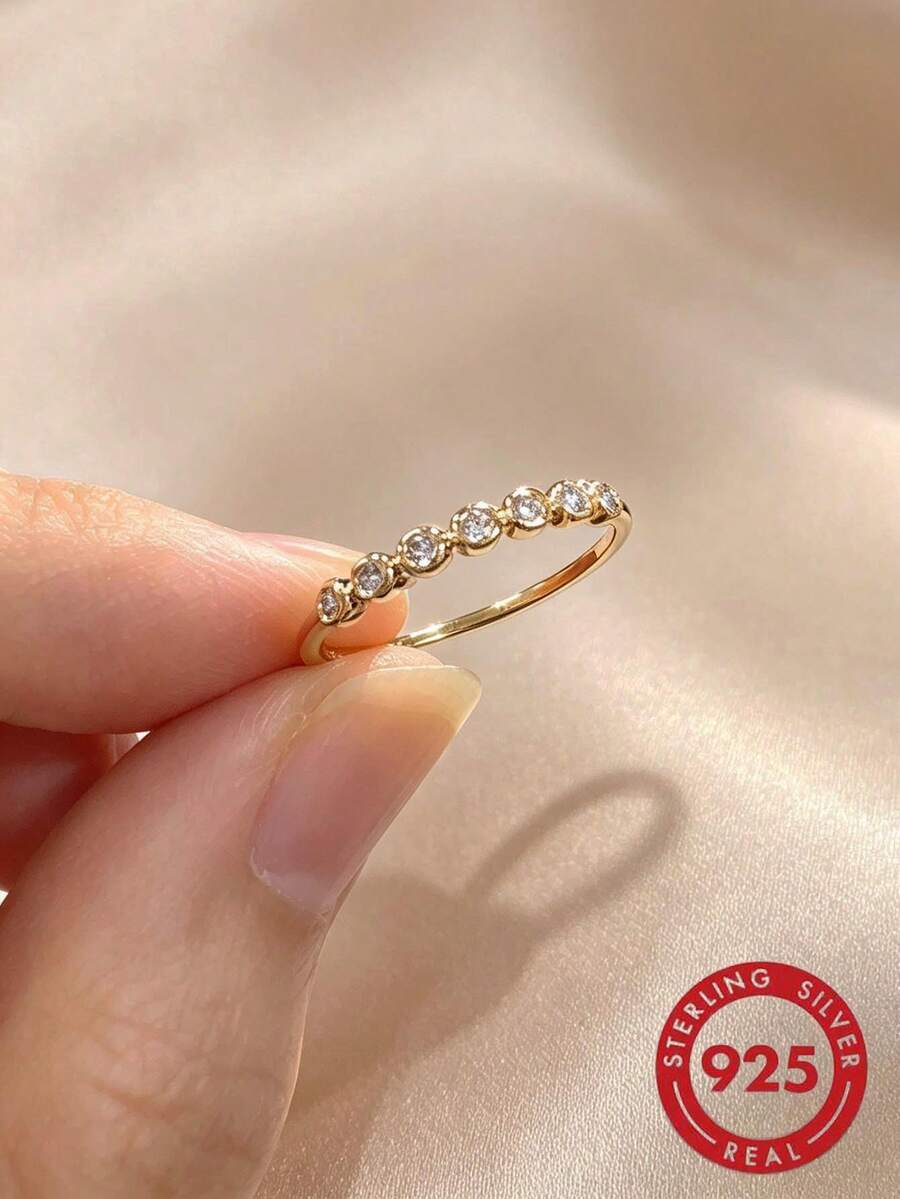 1 Peça Anel Minimalista S925 com Zircônia Cúbica Sintética Incrustada, Joia de Qualidade Elegante para Uso Diário de Mulheres - Ouro amarelo - Visão 1