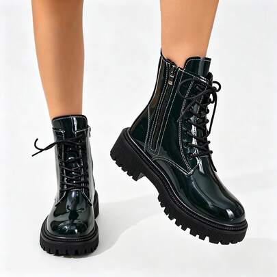 Botas con cordones para mujer de unicolor, botas individuales de otoño cómodas con cremallera lateral, botas versátiles y elegantes para mujer, botas de tobillo minimalistas para ir al trabajo, botas cortas de moda con suela gruesa