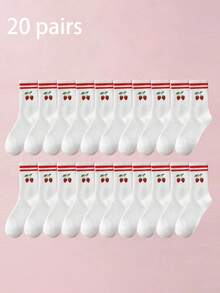 1/3/5 Pairs 3D Printed Cherry Pattern Mid-Calf Socks, Colorful Red Striped Ribbed Splicing Details, Soft And Skin-Friendly - Red - View 26